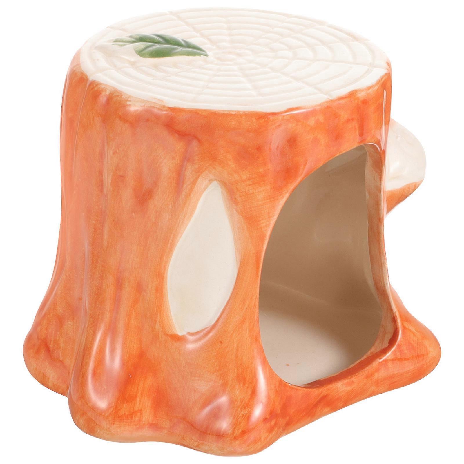 Ceramic Hamster Hideout House for Small Pets with Orange Color and Stump Design 1 Piece