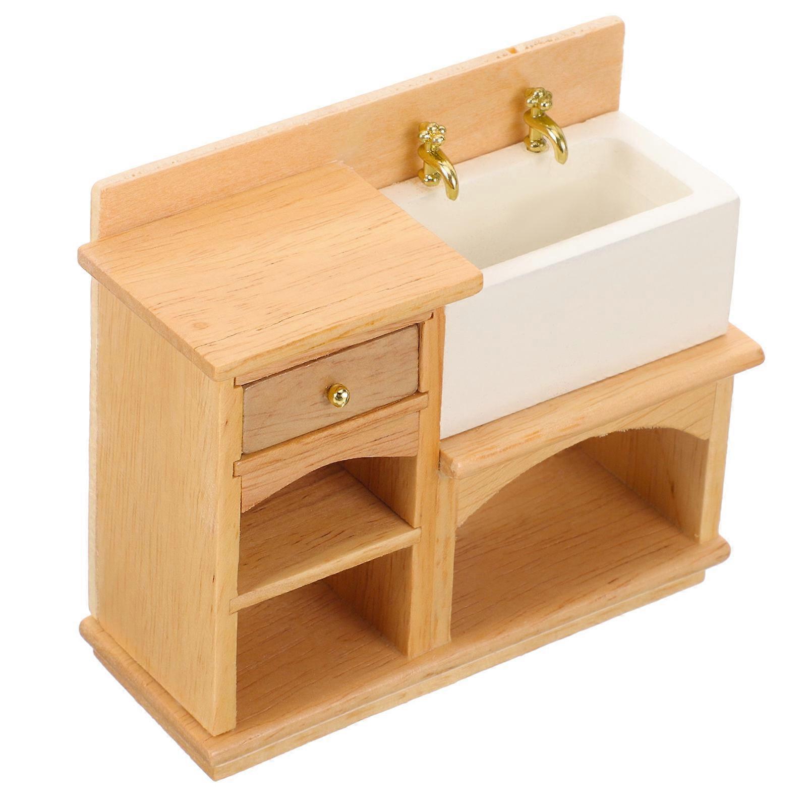 Chocolate Wooden Mini Sink Cabinet for Decoration Realistic Doll Furniture 3.5x2.5 Inches