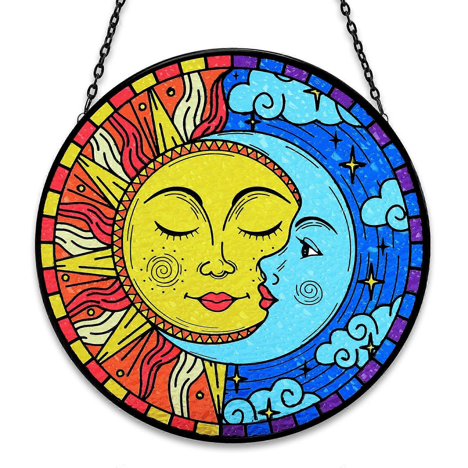 Sun and Moon Decor Stained Glass Suncatcher Boho Window Hanging Sun Moon Eclipse Celestial Decor Yellow Blue
