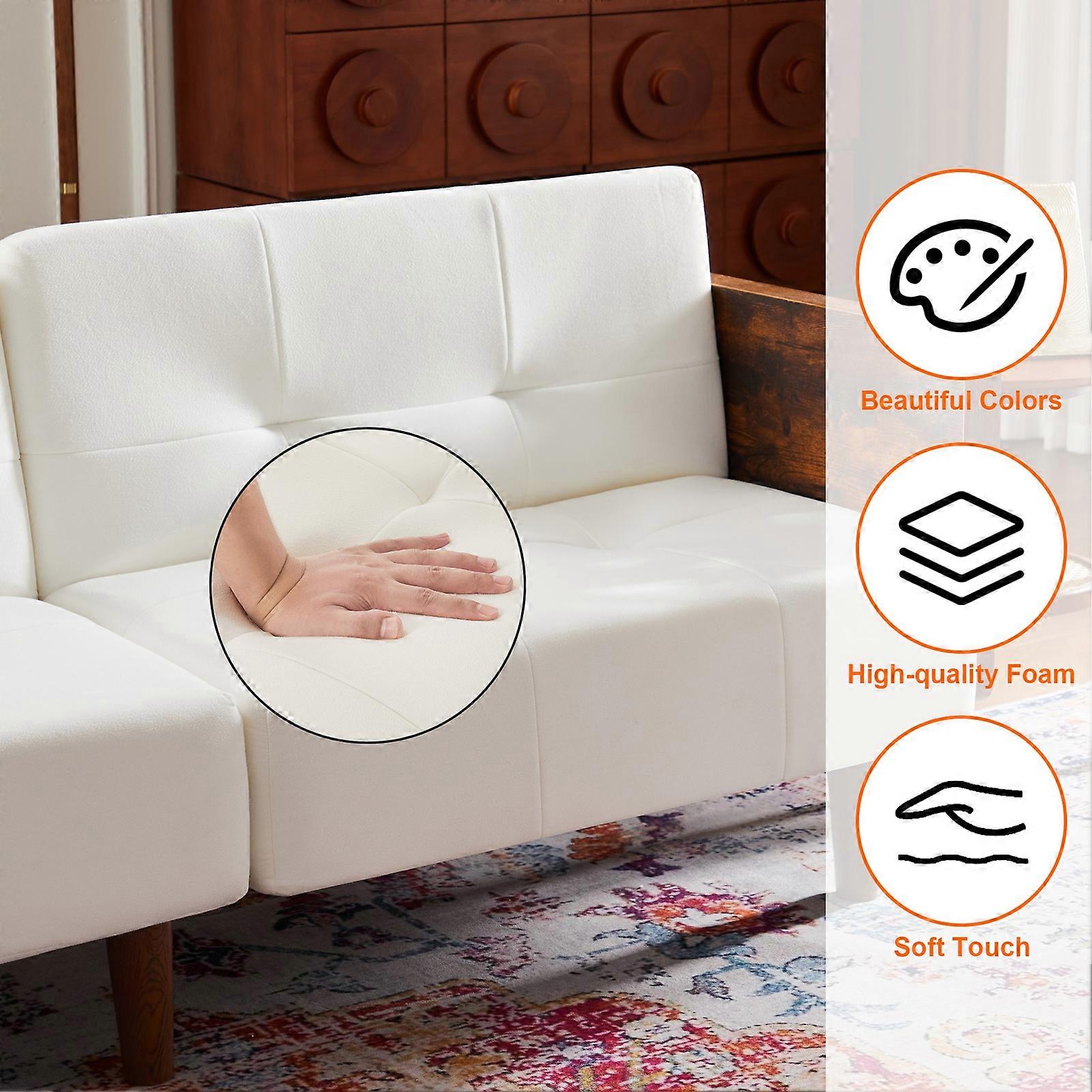 Twin Sofa Bed 71in Wide Beige Cotton Fabric with Adjustable Back