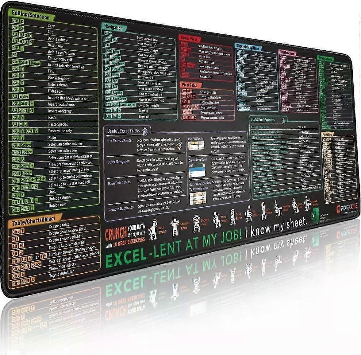 Excel Shortcut Keys Mauspad, erweitertes großes XL Spickzettel Gaming Mauspad mit Excel Shortcuts