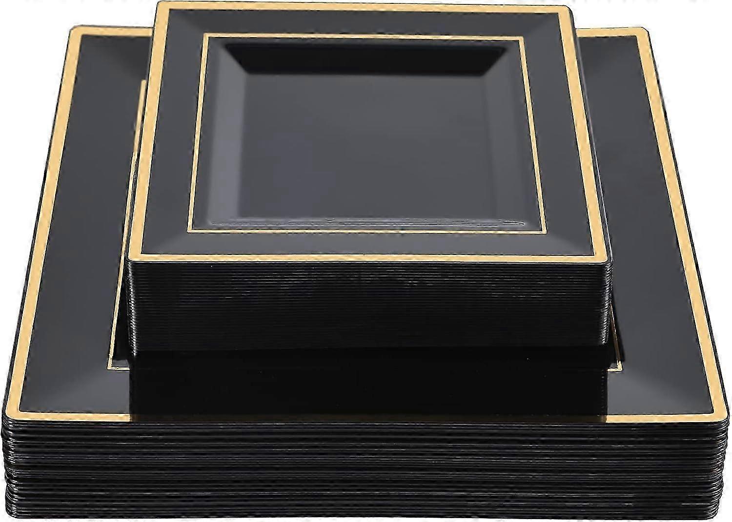 60 Pack Black Square Plastic Plates with Gold Rim, Elegant Tableware for Parties and Events-2025