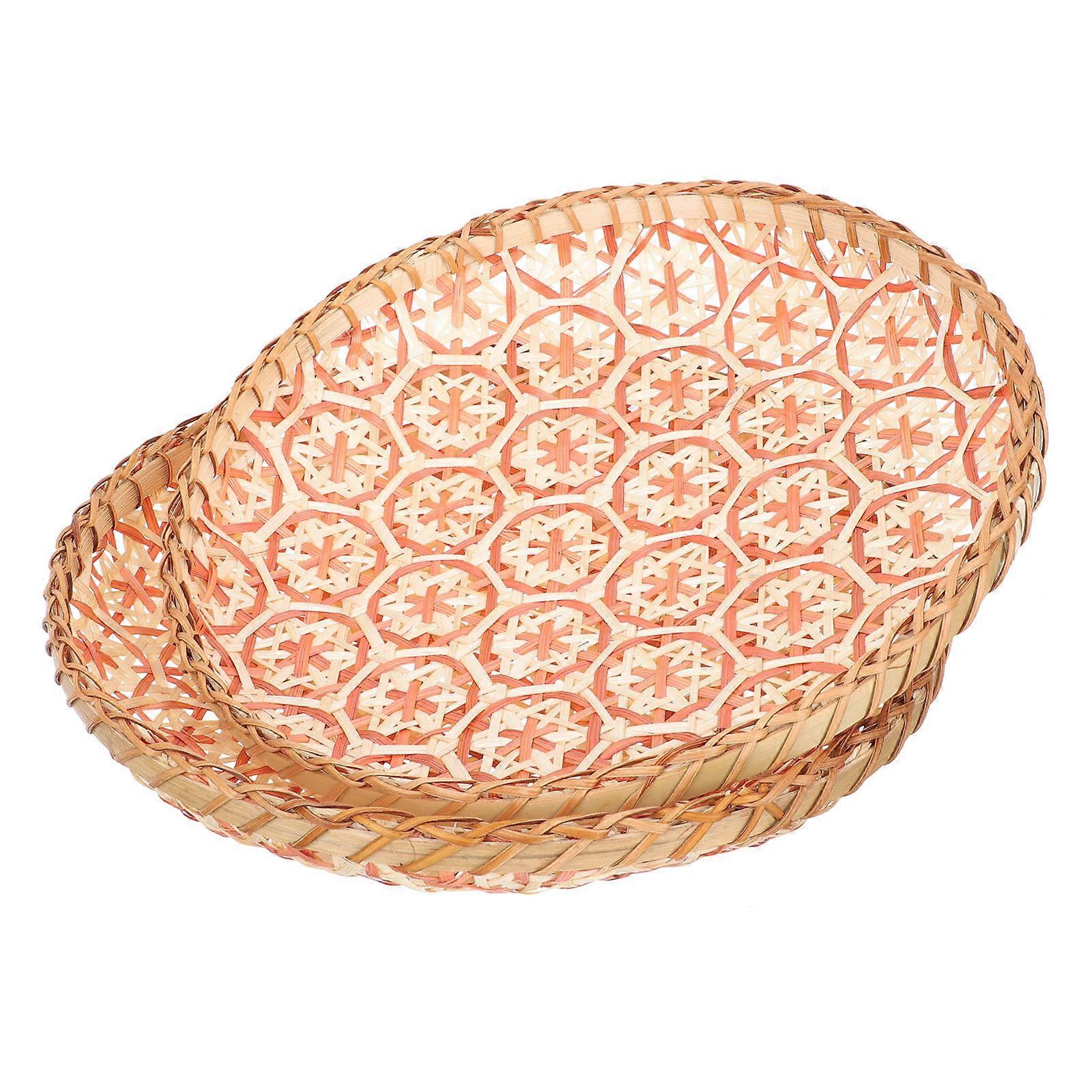 Bamboo Woven Tray Round Bamboo Basket Dining Table Use Dark Material Decoration 2Pcs