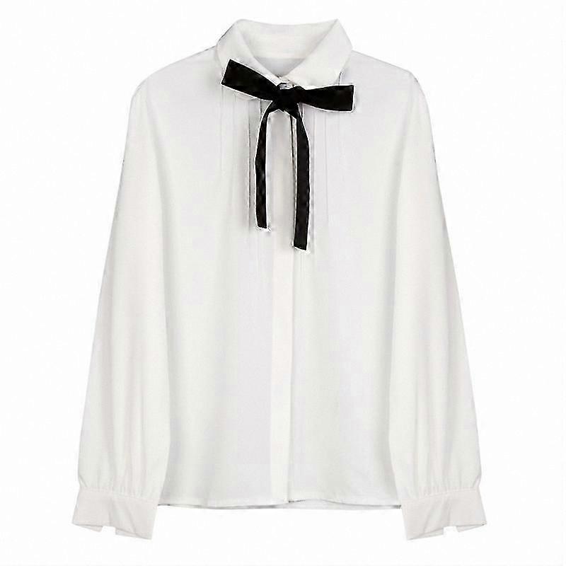 Elegant Chiffon Blouse with Turn-Down Collar and White Bow for Women