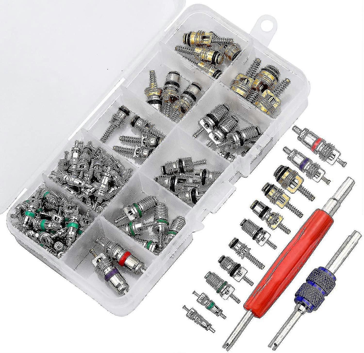 Πυρήνας βαλβίδων κλιματισμού 102pcs, αυτοκινητικοί πυρήνες μίσχων βαλβίδων κλιματισμού με το εργαλείο αφαίρεσης για την επισκευή αέρα αυτοκινήτων