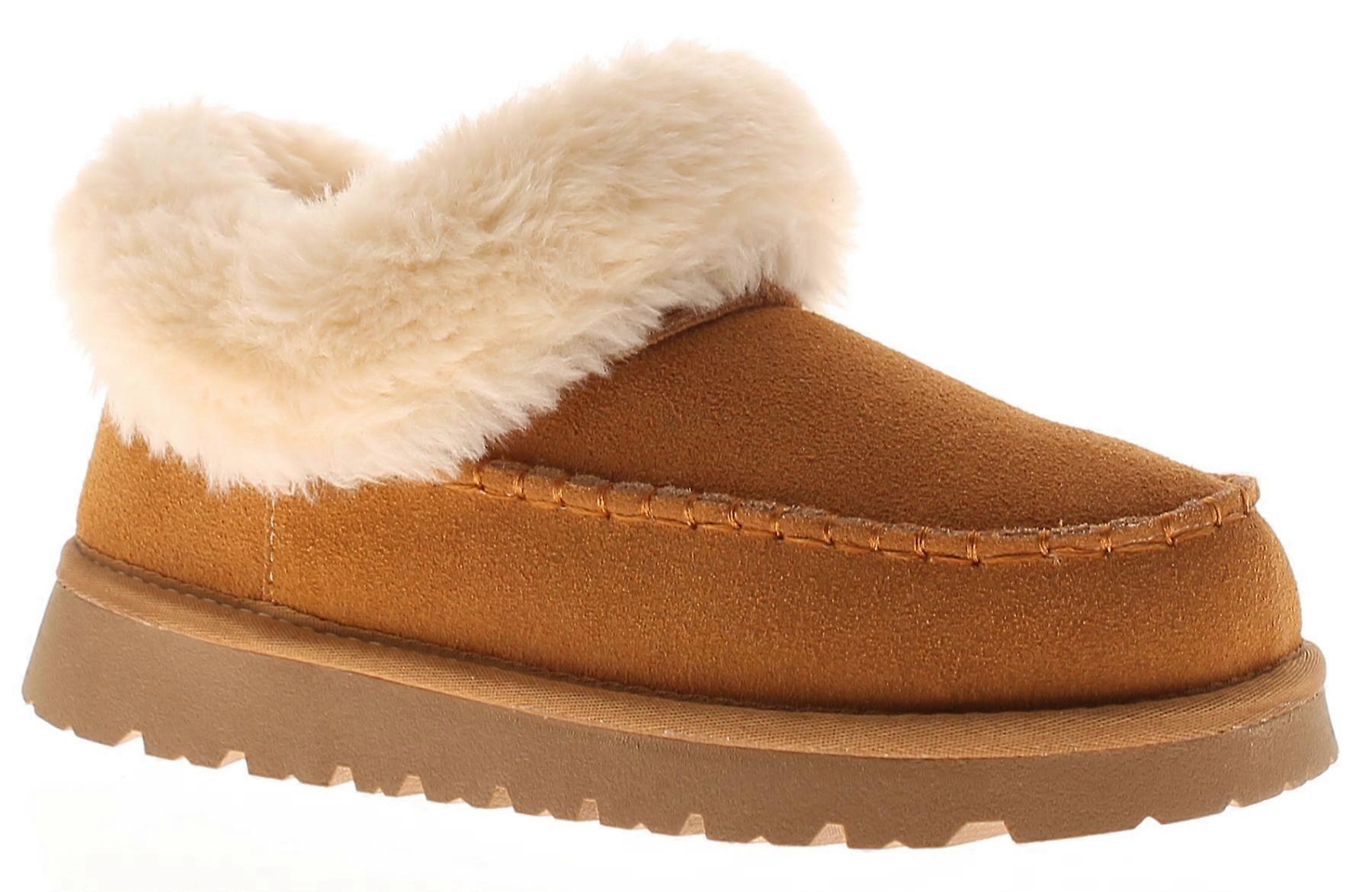 Apache Womens Slipper Cuddle Bootee Faux Fur Lining Leather Suede Tan