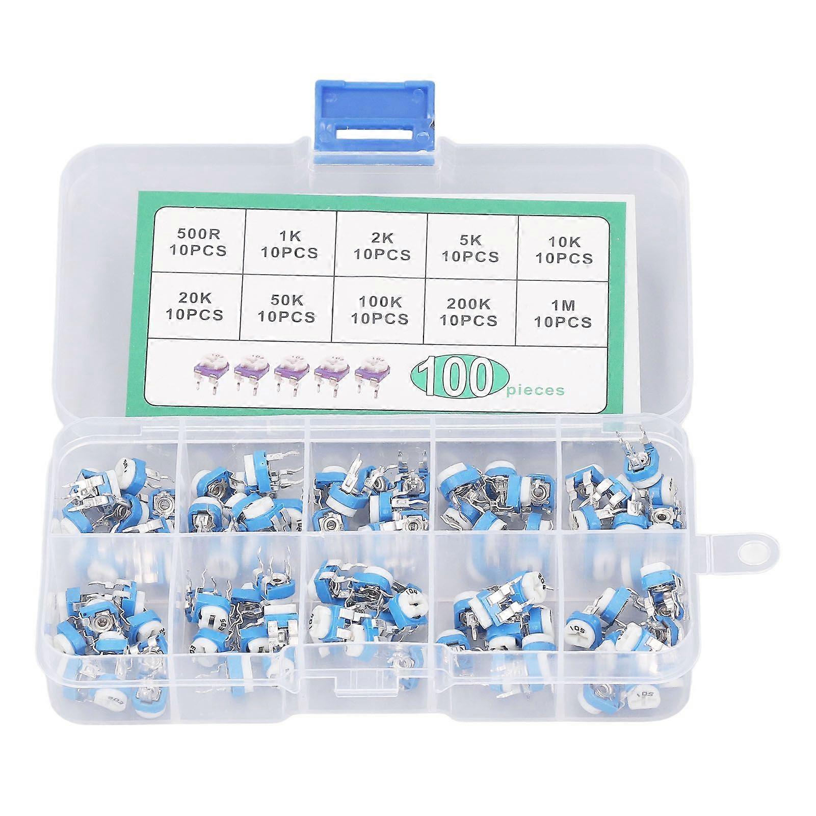 100 Pcs Variable Resistor 10 Values 500R To 1M RM065 Blue White Trimmer Potentiometer Assortment Kit