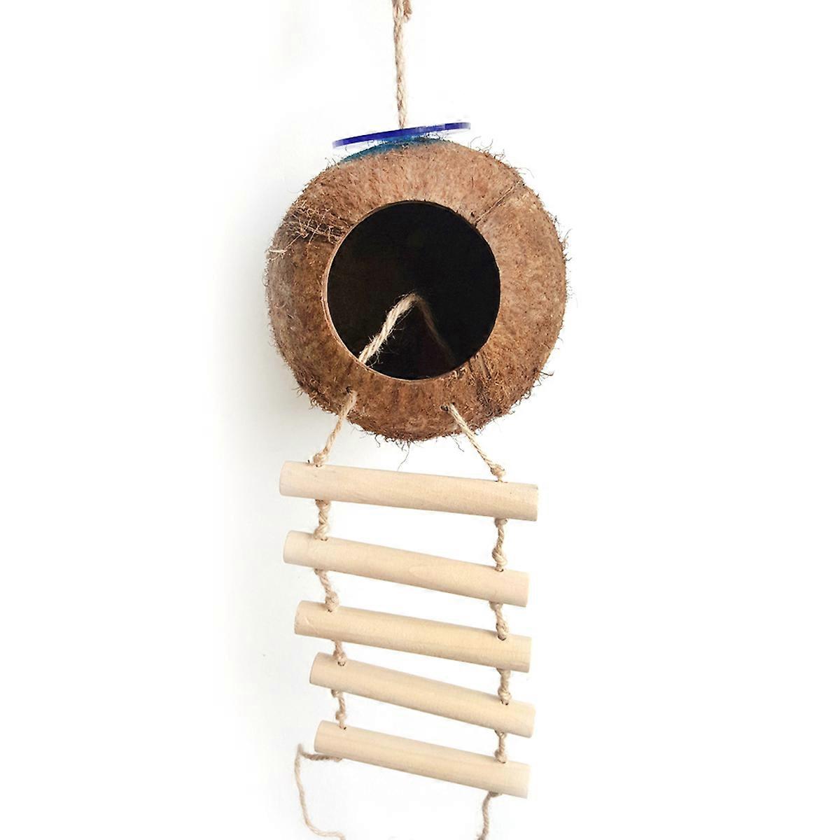 Bird House Coconut Shell Nest for Birds Use Wooden Ladder