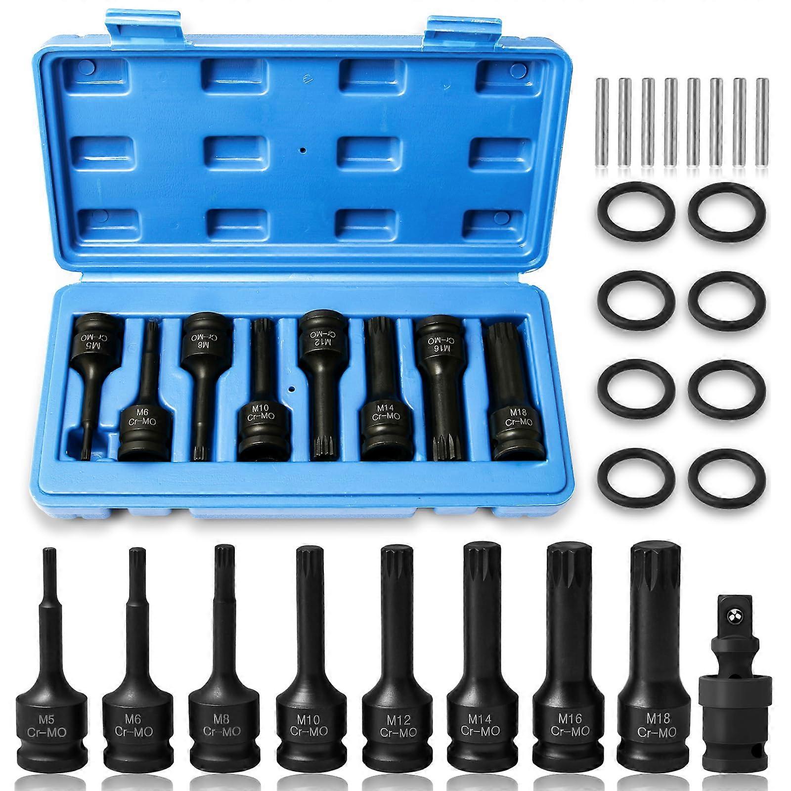 1/2' Drive Impact XZN Triple Square Spline Bit Socket Set, 17Piece Metric M5M18, CrMo Steel
