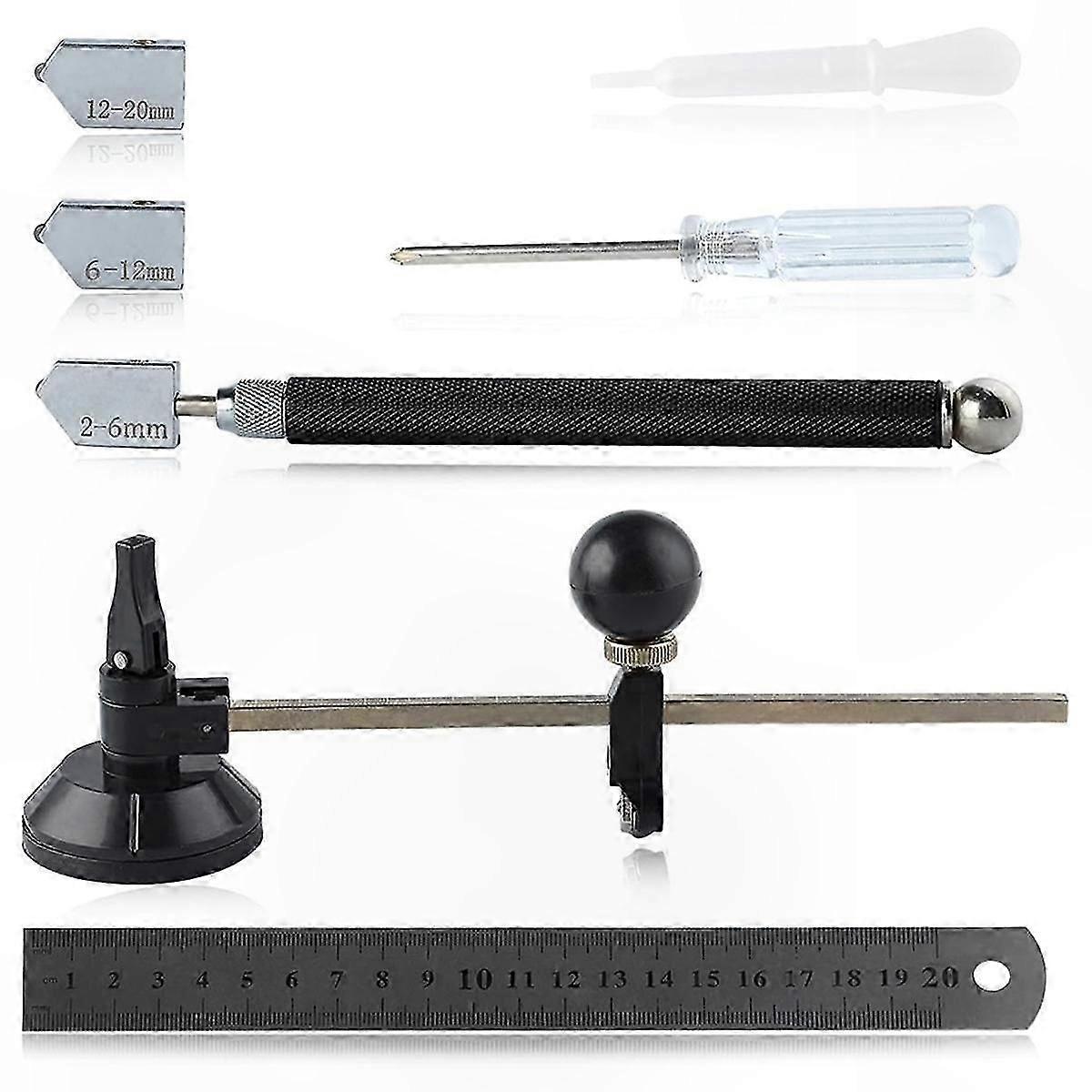 7-Piece Glass Cutting Tool Kit with Adjustable Circle Cutter, Round Knob Handle, and Suction Cup for DIY Projects