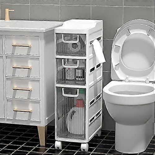 Narrow Small Bathroom Floor Cabinet With 4 Moveable Clear Drawers On Wheels Plastic Storage Tower For Small Spaces