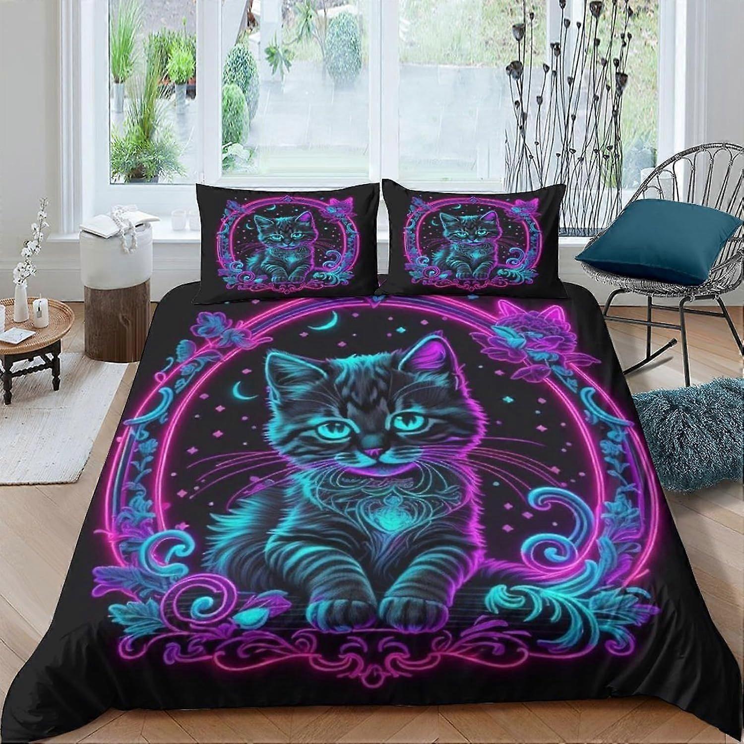 Housse de couette chat imprimée 3D avec fermeture éclair, en microfibre douce, format king