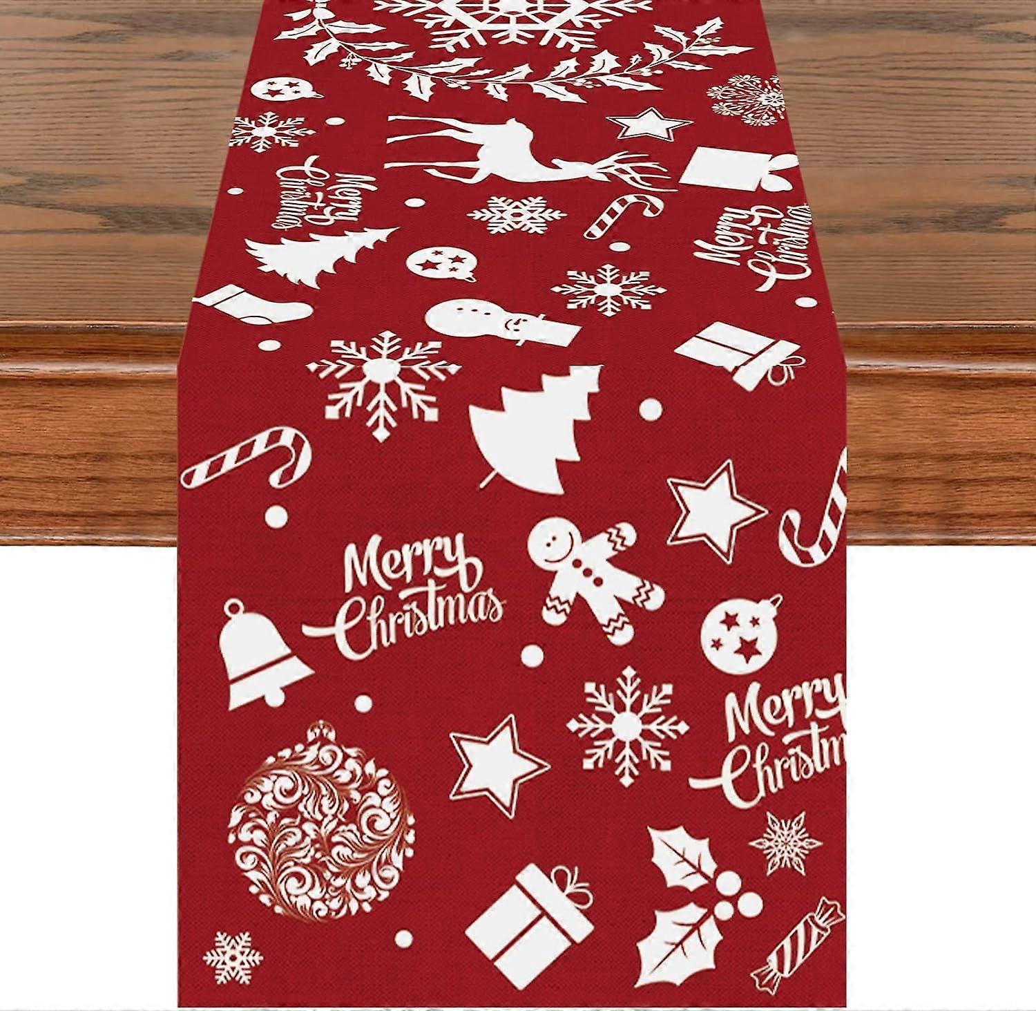 Red Christmas Table Runner, Xmas White Wreath Snowflake Pattern Table Runner (33*183cm)