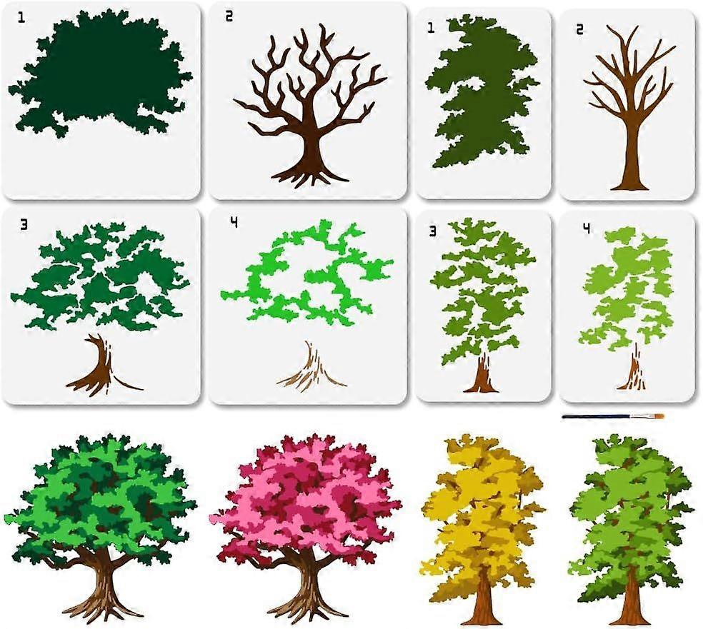 8Pcs Layered Tree Stencils Forest Tree Painting Stencils 11.78.3/11.811.8inch Tree Branch Leaf Plant Templates with Paint Brush for Wood Wall Window D
