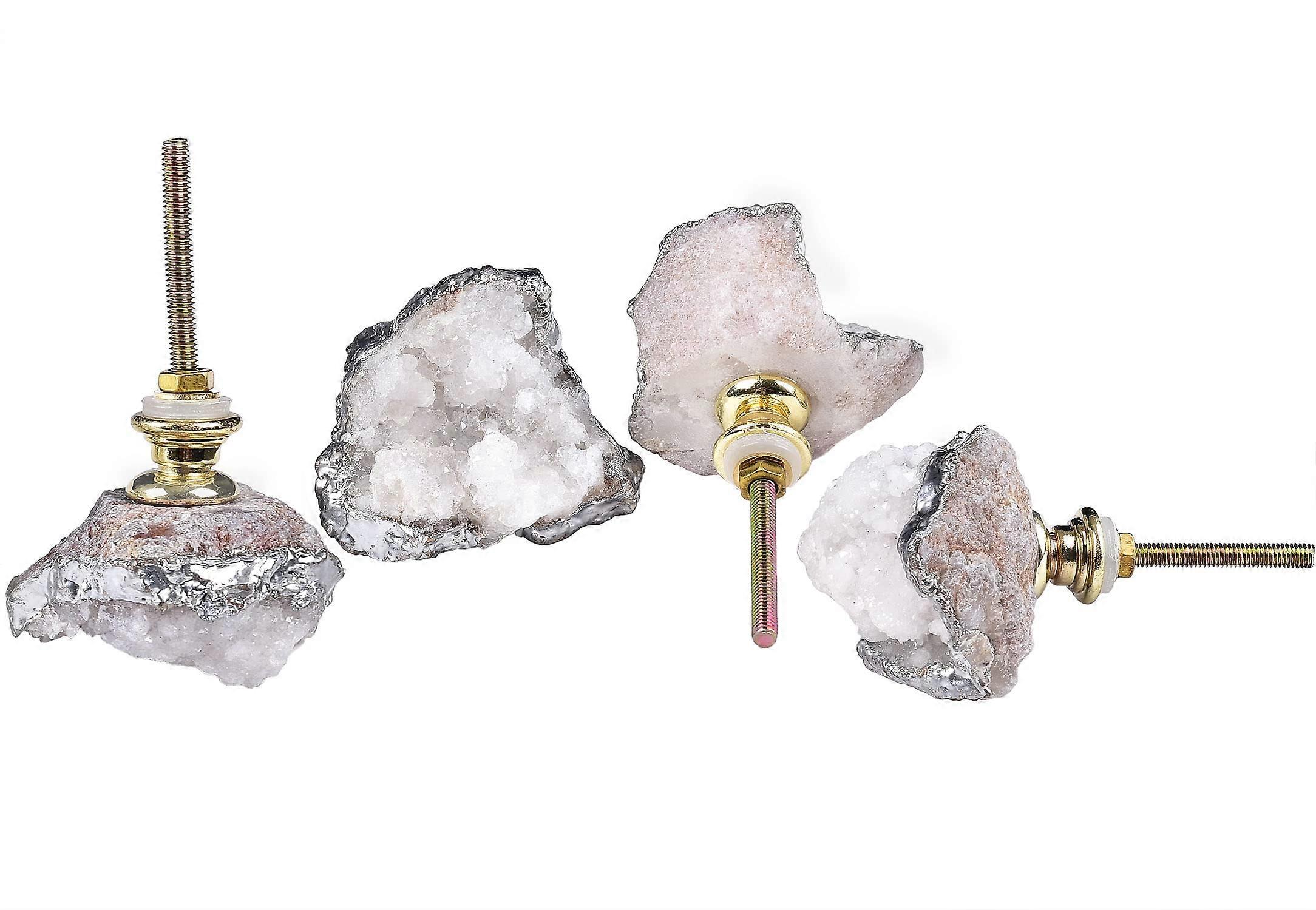 Crystal Drawer Knobs Set of 4 Natural Geode Quartz Cabinet Pulls Silver Plated Healing Stone Handles