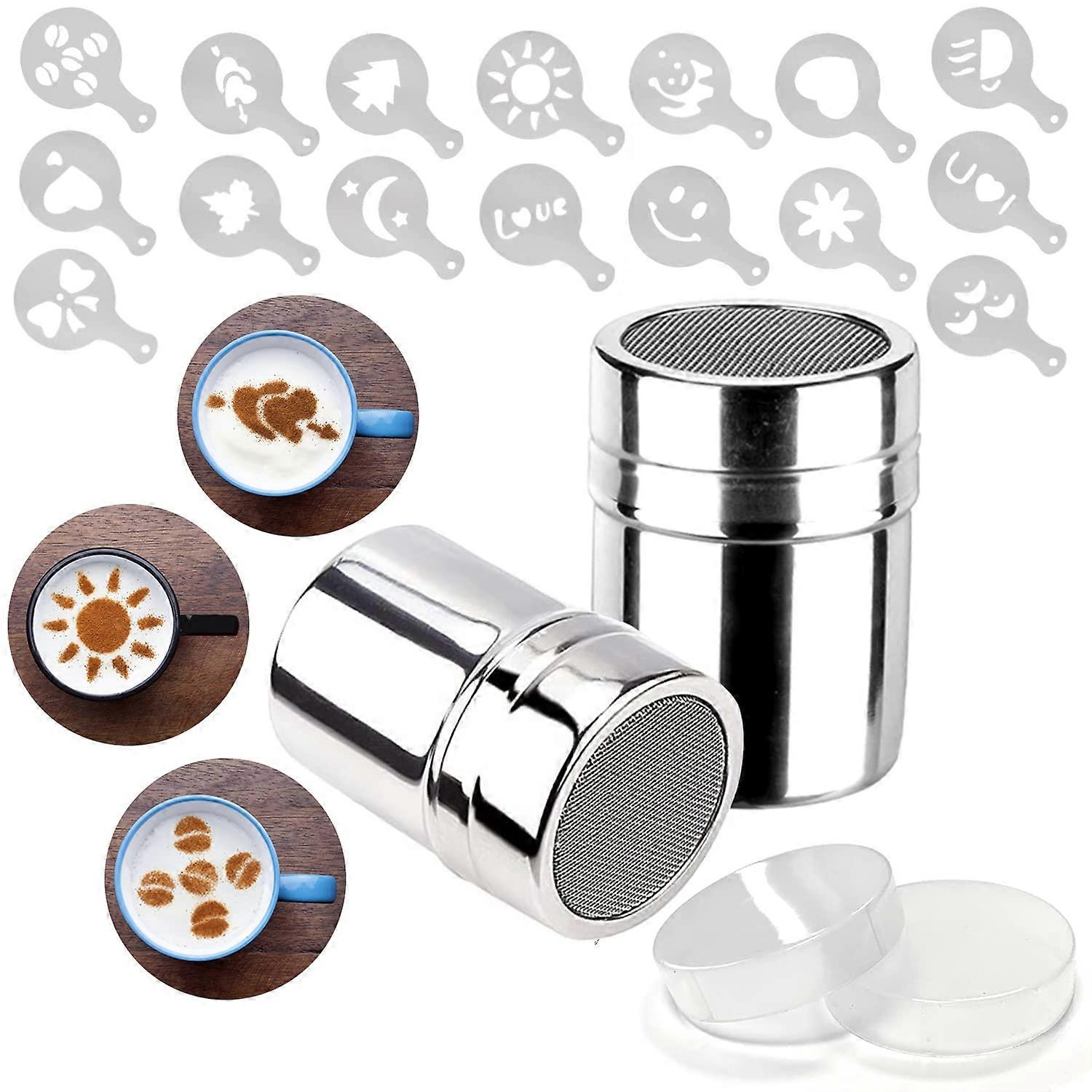 Coffee Stencil Set with Stainless Steel Sugar Shaker, 16 Templates for Cocoa Cappuccino Baking