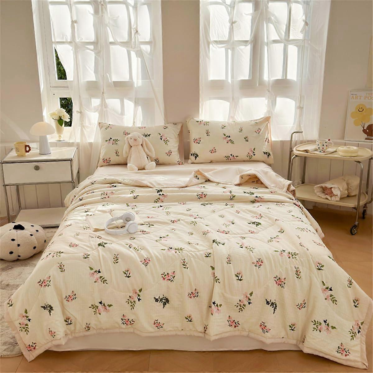 King Size Cooling Summer Quilt Set with Breathable Cotton, Reversible Floral Lightweight Bedding 4PC