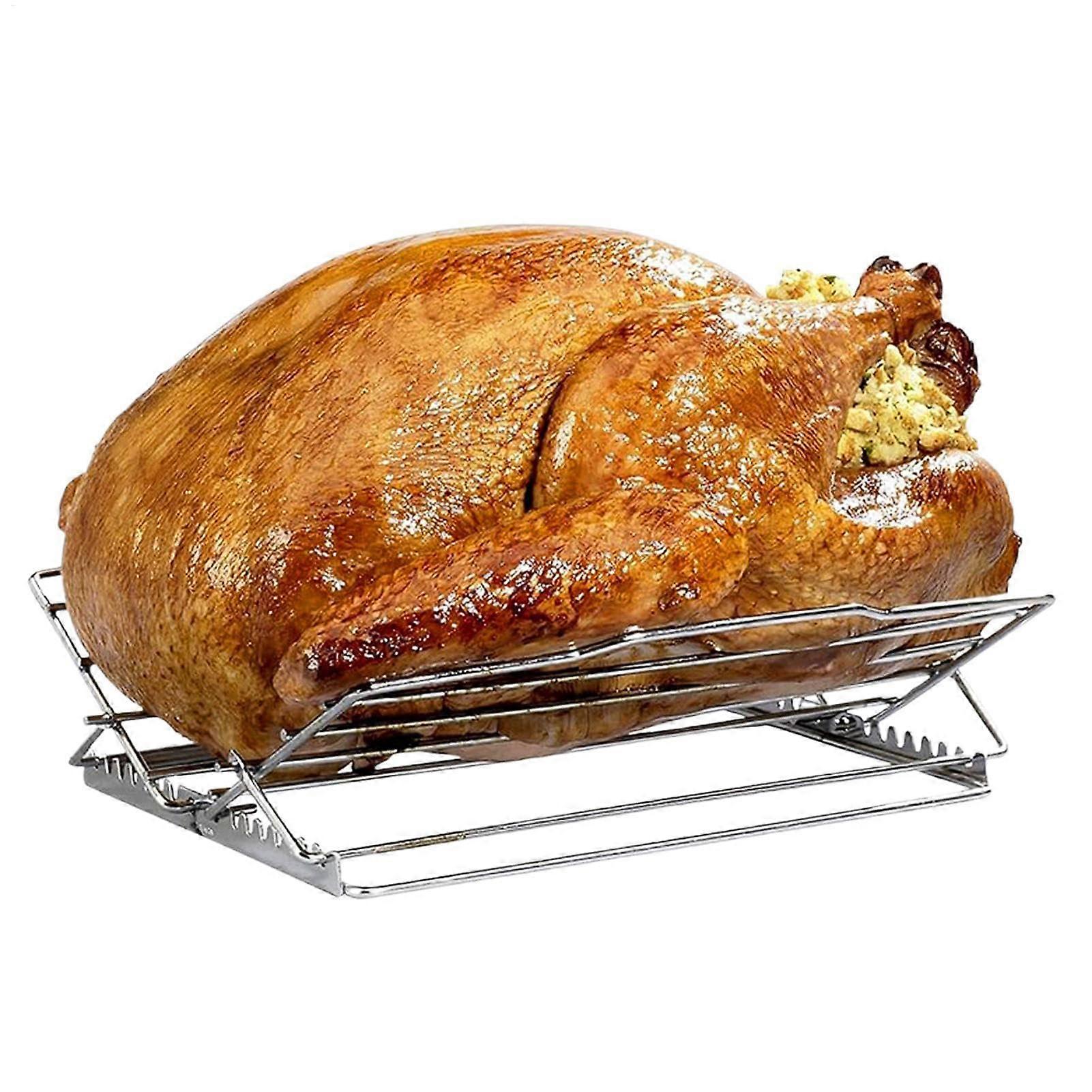 Adjustable Turkey Roasting Rack with Foldable VShape Stainless Steel Frame for Oven and Grill