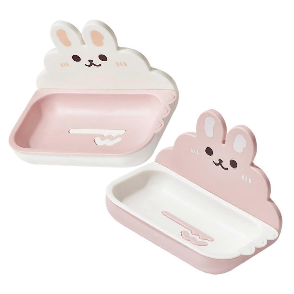 2Pcs Cute Rabbit Wall Mounted Soap Dish Space Saving Bathroom Soap Holder Pink Easy Clean