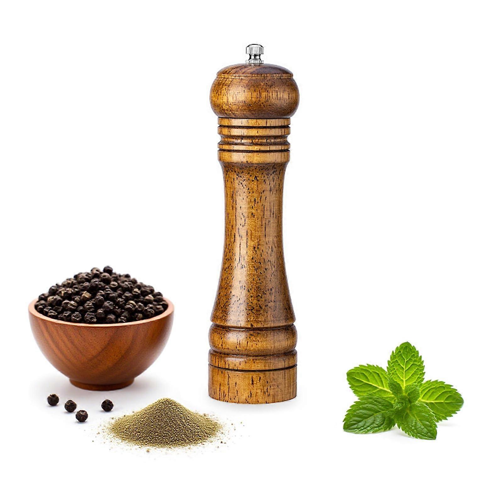 Wooden Pepper Grinder with Adjustable Ceramic Core, Solid Wood Refillable Spice Mill 8 Inch