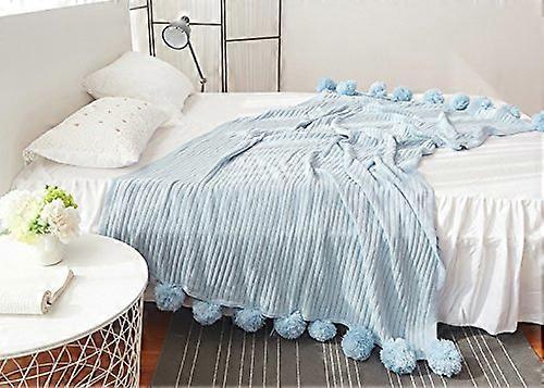 Light Blue Throw Blanket 39 x 41 with Pom Pom Tassels, Lightweight Solid Knit for Precise Coverage