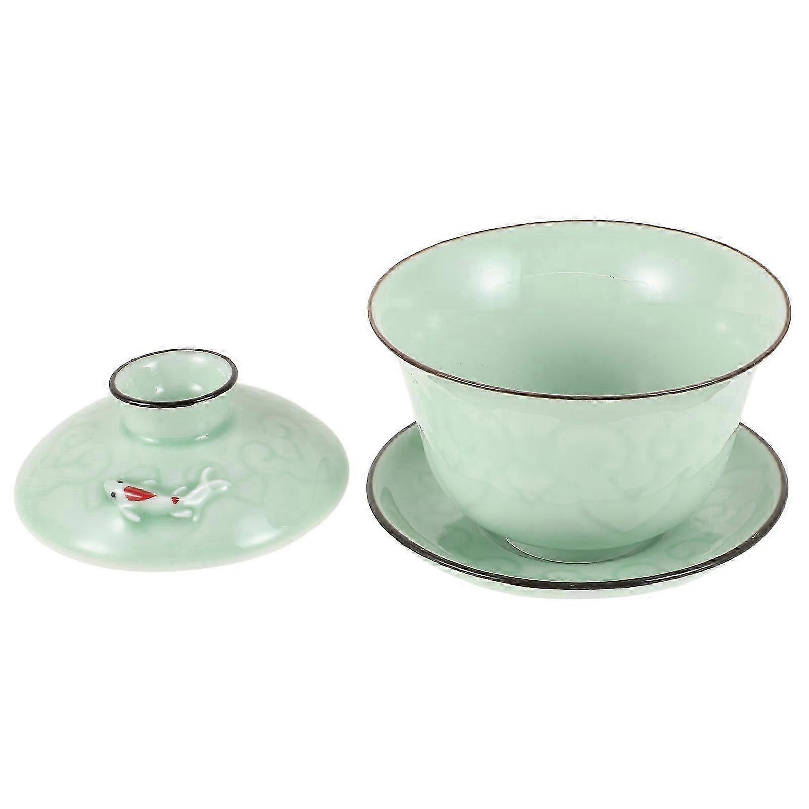 Light Green Ceramic Cup with Lid Tea Drinking Cup for Serving 1Set