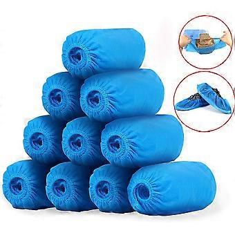 Wegwerpbare blauwe schoenovertrekken, 100 stuks, antislip, duurzaam, waterdicht, dubbel elastisch, geschikt voor binnen- en buitengebruik.