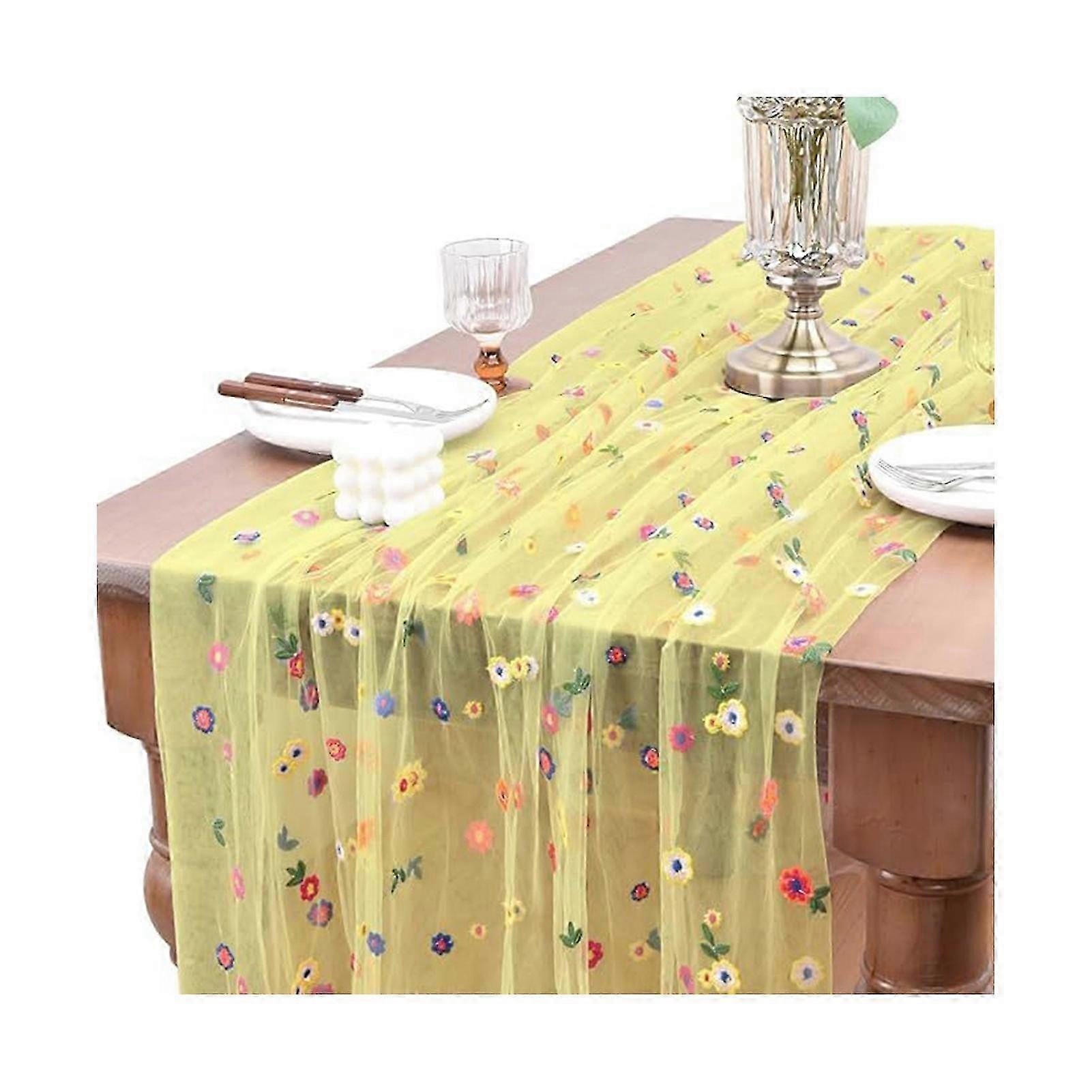 Floral Embroidered Sheer Table Runner