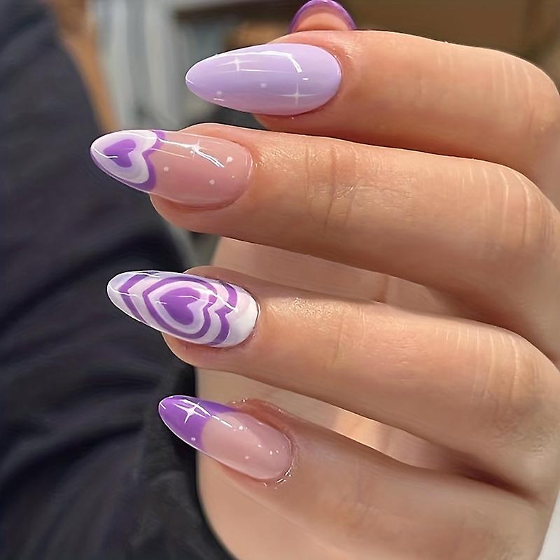 24pcsロマンチックなパープルフェイクネイルハートスワールプレスデザインでネイルに光沢のあるスターグルーネイルフルカバーミディアムアーモンドフェイルネイル女性用