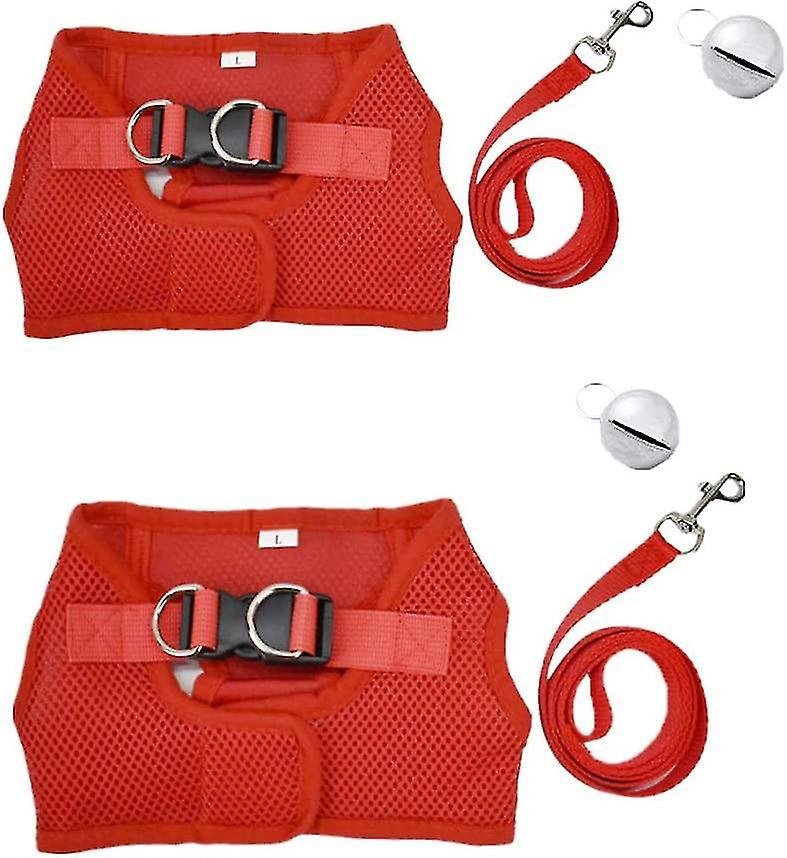 2 Pieces Pet Harness Vest Mesh Leash With Breathable Bell For Guinea Pig Rabbits (size M: Chest: 28-34cm / 11.02-13.38", Red)