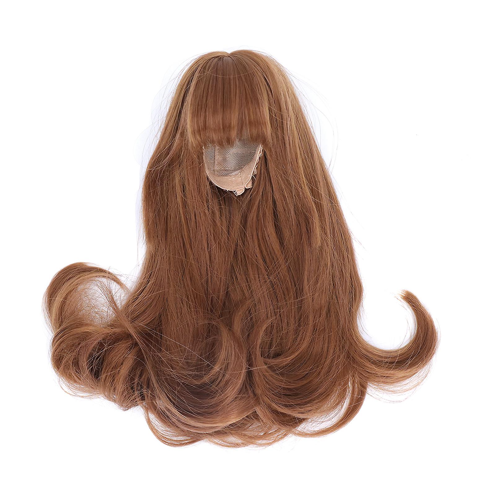 Light Brown Toy Doll Head Wig with Mesh Cloth, Long Fake Hair, Blunt Bangs for DIY Simulation Doll Modeling