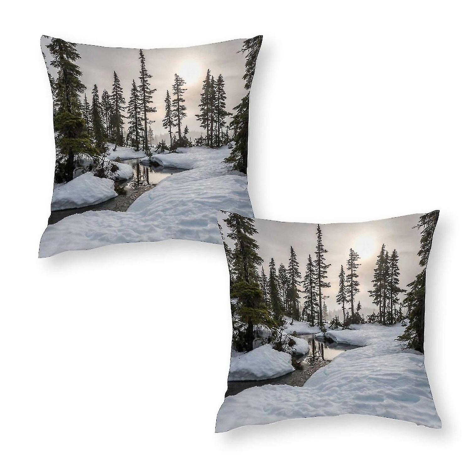 Green tree print pillowcase in the snow