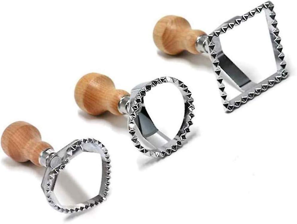 Heart Square and Round Shape Ravioli Mold Set - 3 PCS. Wooden Handle Ravioli Cutter for Making Ravioli, Empanadillas or Cookies