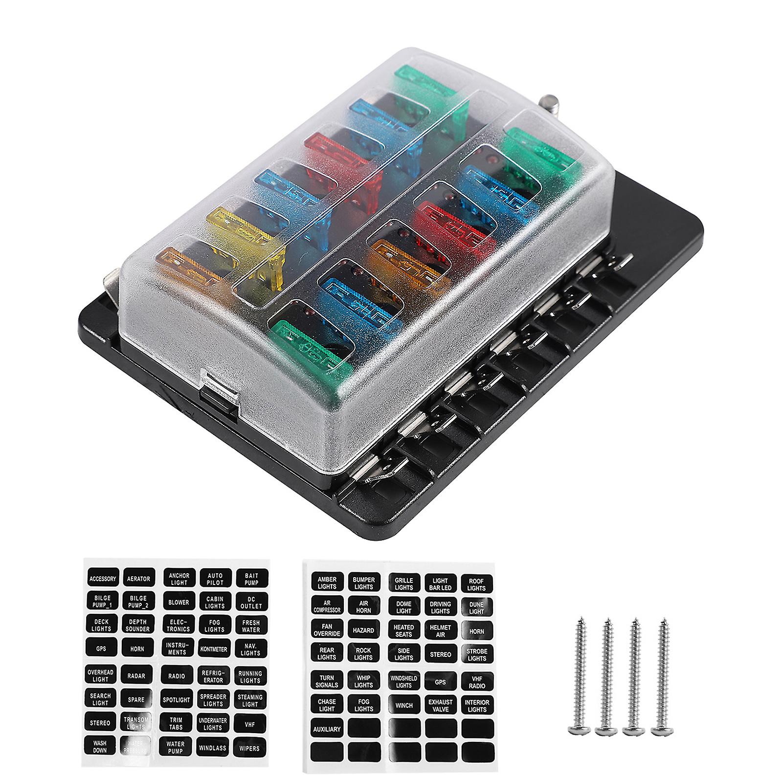 12-way Blade Fuse Box Fuse Box Block Modified Terminal Block Fuse With Led Warning Indicator Waterproof Cover For Car Boat Rv