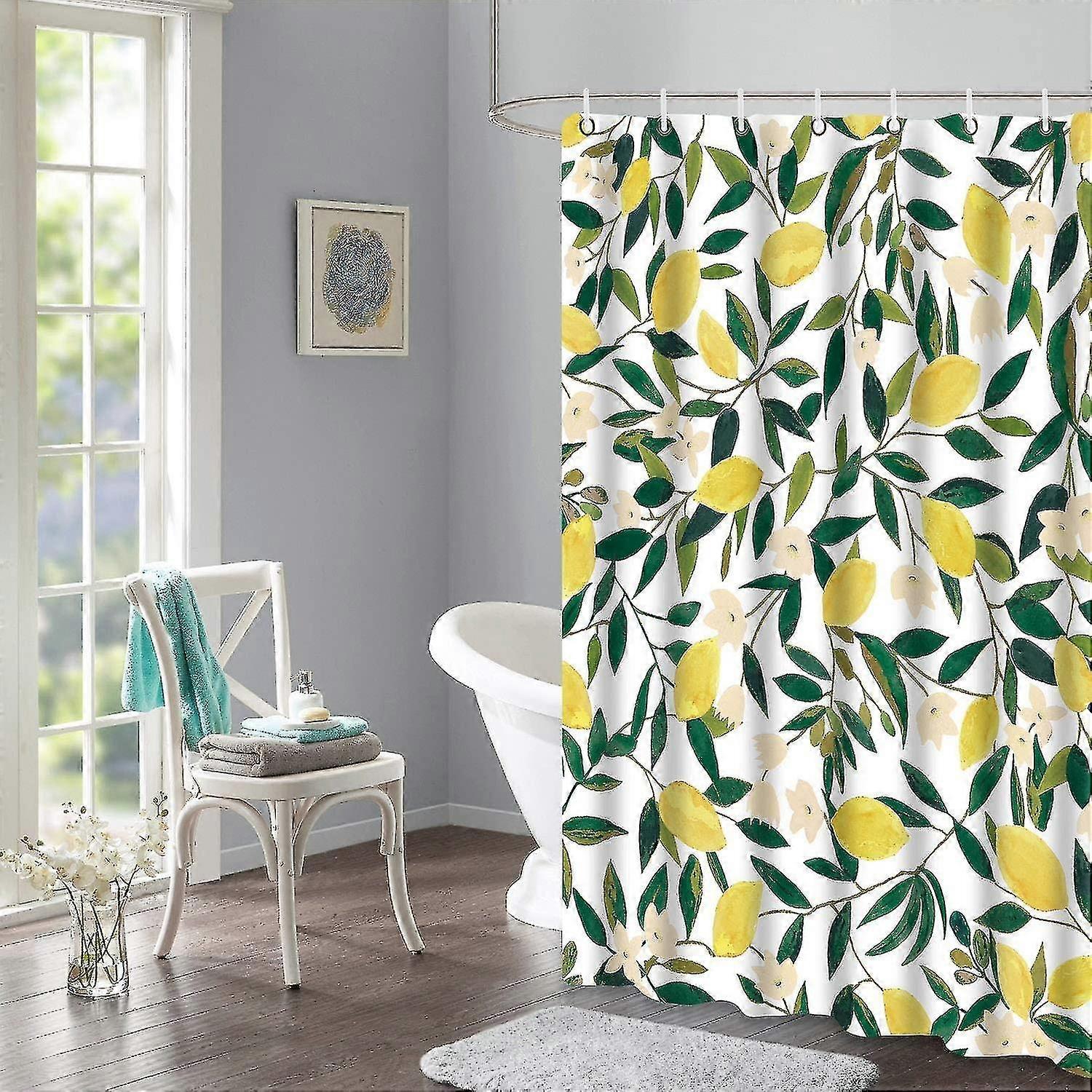 レモンシャワーカーテン、オールオーバーフルーツシャワーカーテングリーンリーフプラントデザイン防水ファブリックバスルームシャワーカーテンセット12フック、グリーンエール