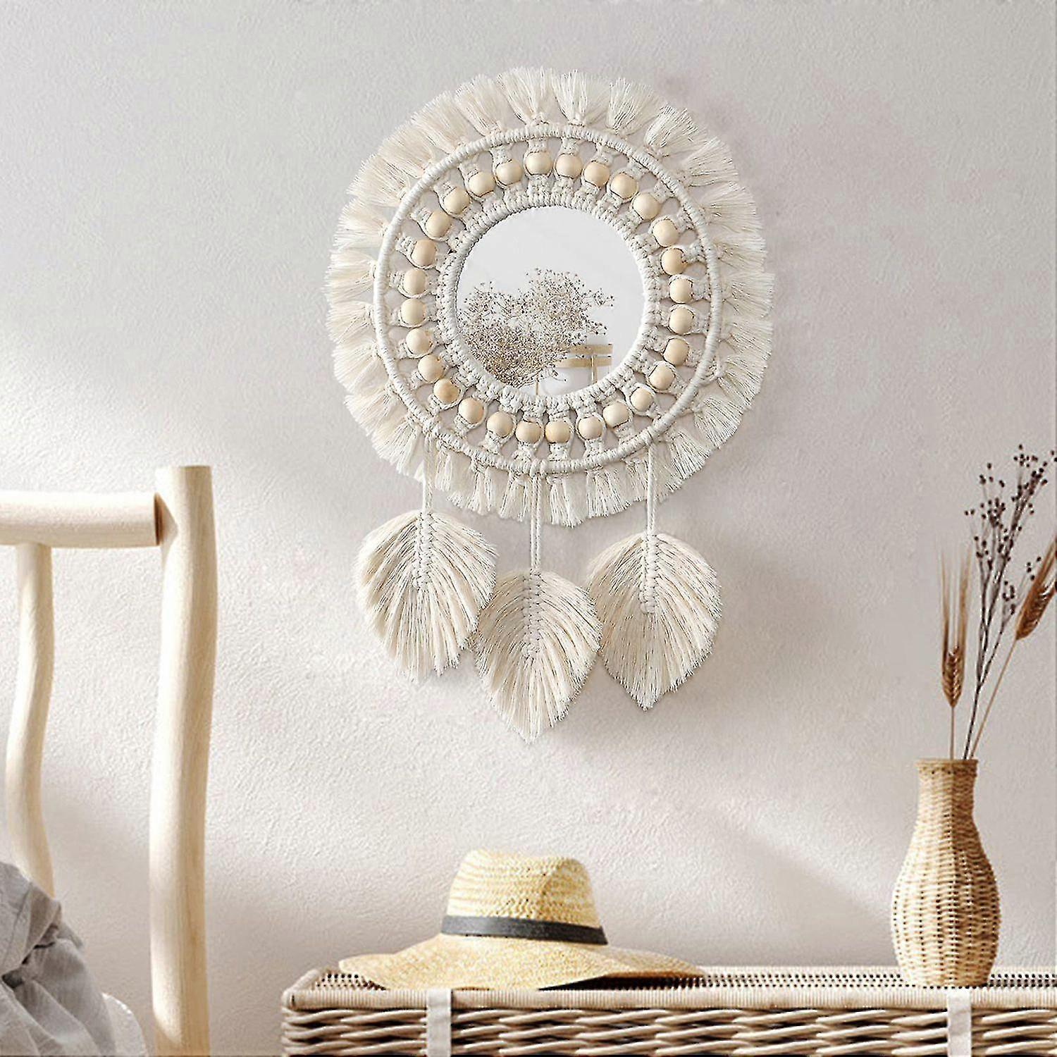 Hanging Wall Mirror Macrame Fringe Round Decorative Mirror with Wood Beads Feather PendantArt Ornam