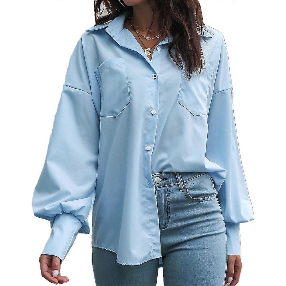 Camicie Button Down Da Donna Camicette Da Ufficio A Maniche Lunghe/Corte Top Casual Camicia Sciolta - Blu