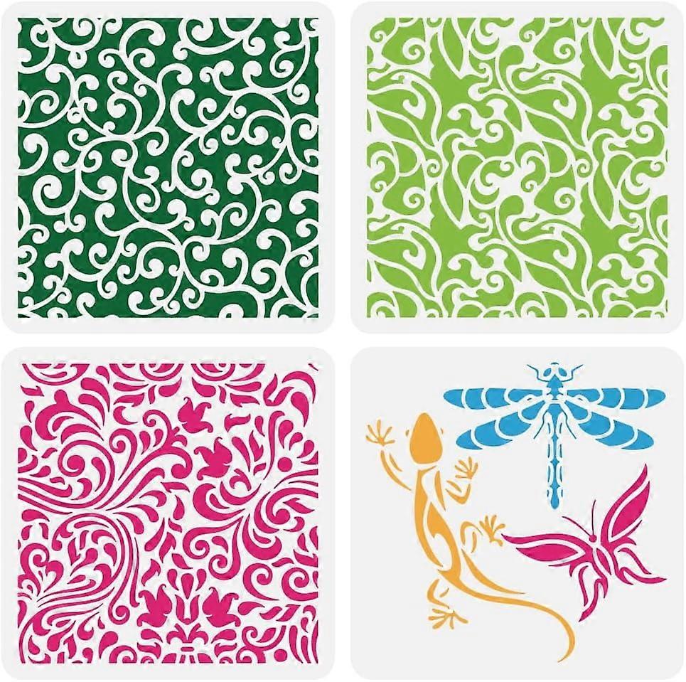 4Pcs Garden Vine Stencil 7.8x7.8inch Reusable Butterfly Dragonfly Gecko Pattern Drawing Template