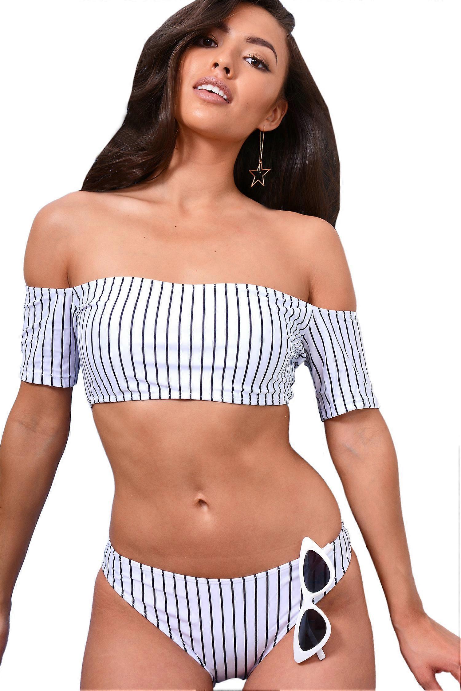 Lovemystyle White Bikini Set With Black Vertical Stripe