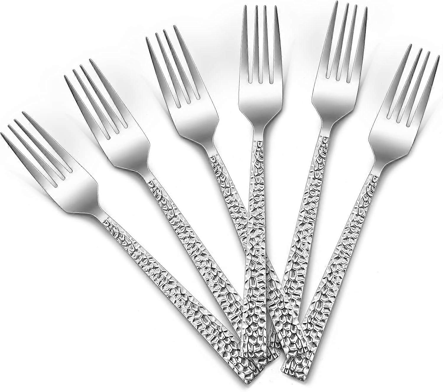 Stainless Steel Dinner Forks Pack of 6, Large Table Silver Forks with Square Hammered Handle