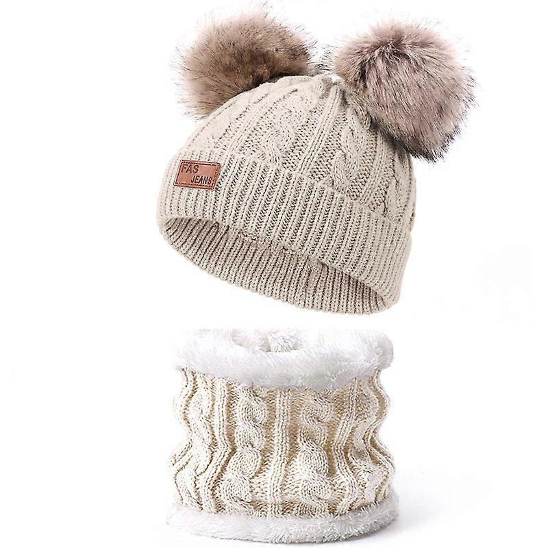 Toddler Wool Scarf and Hat Set Winter Twisted Double Pompom Knitted Hat Pink