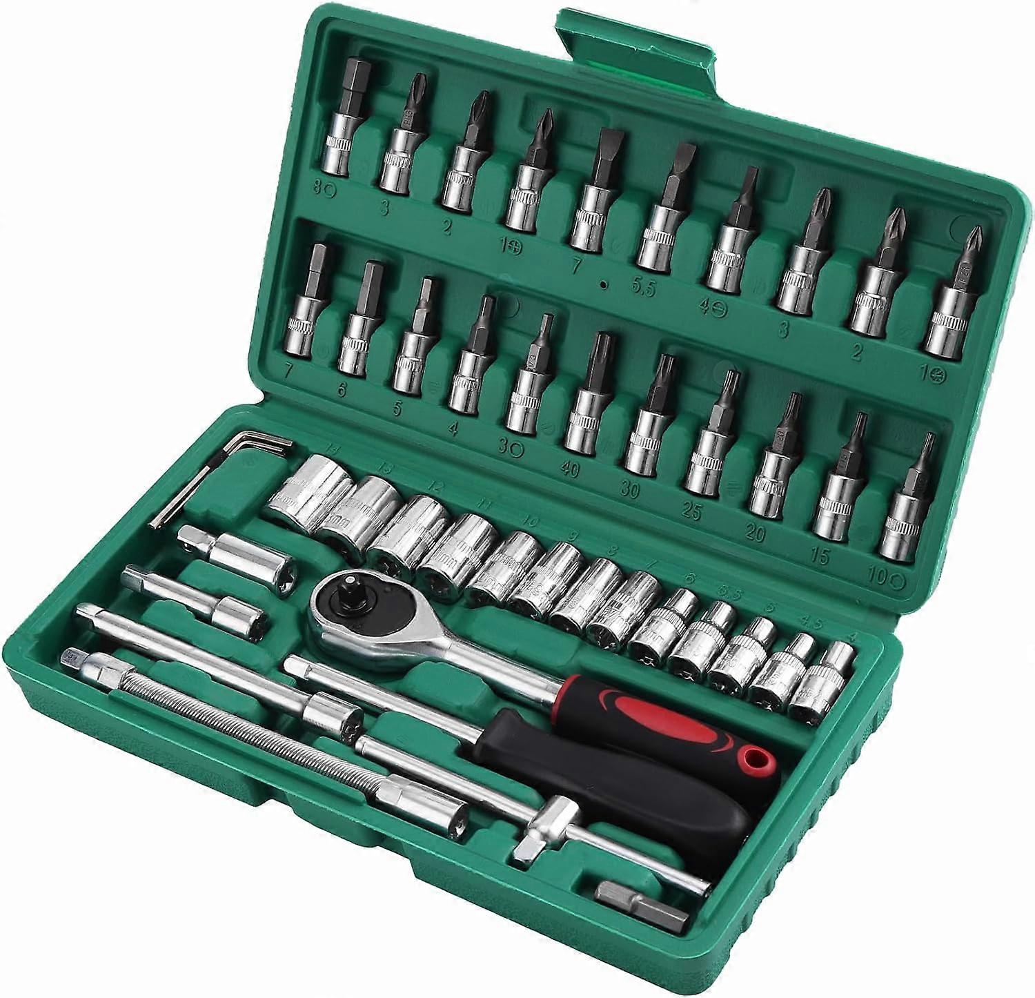 46 Piece Socket and Ratchet Set Chrome Vanadium 1/4" Ratchet Wrench Adapter Set Socket Box