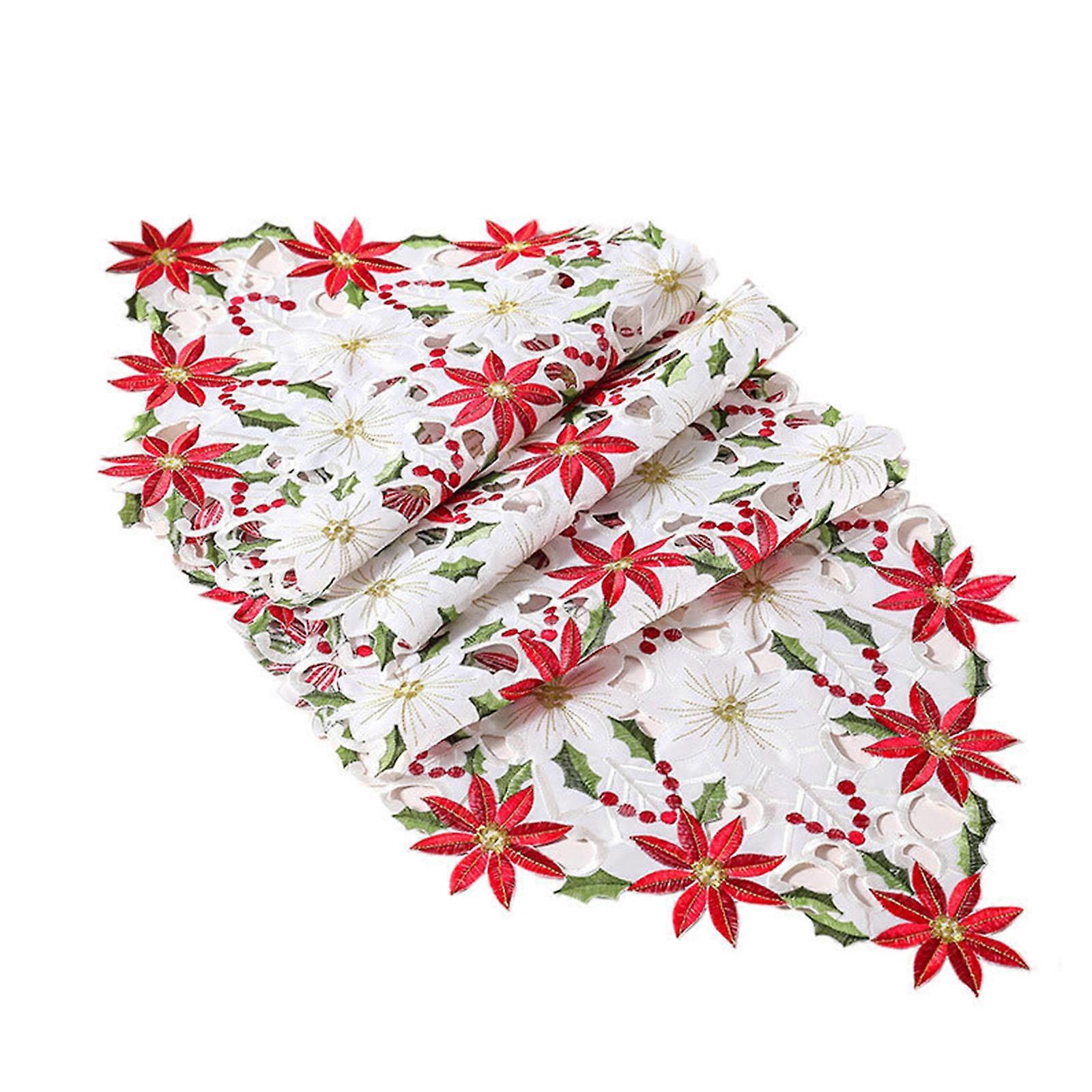 Embroidered Christmas Table Runner Red Table Linens for Christmas Decorations, Luxury Holly Poinsettia Table Runner for Dining Kitchen & Dining Table,