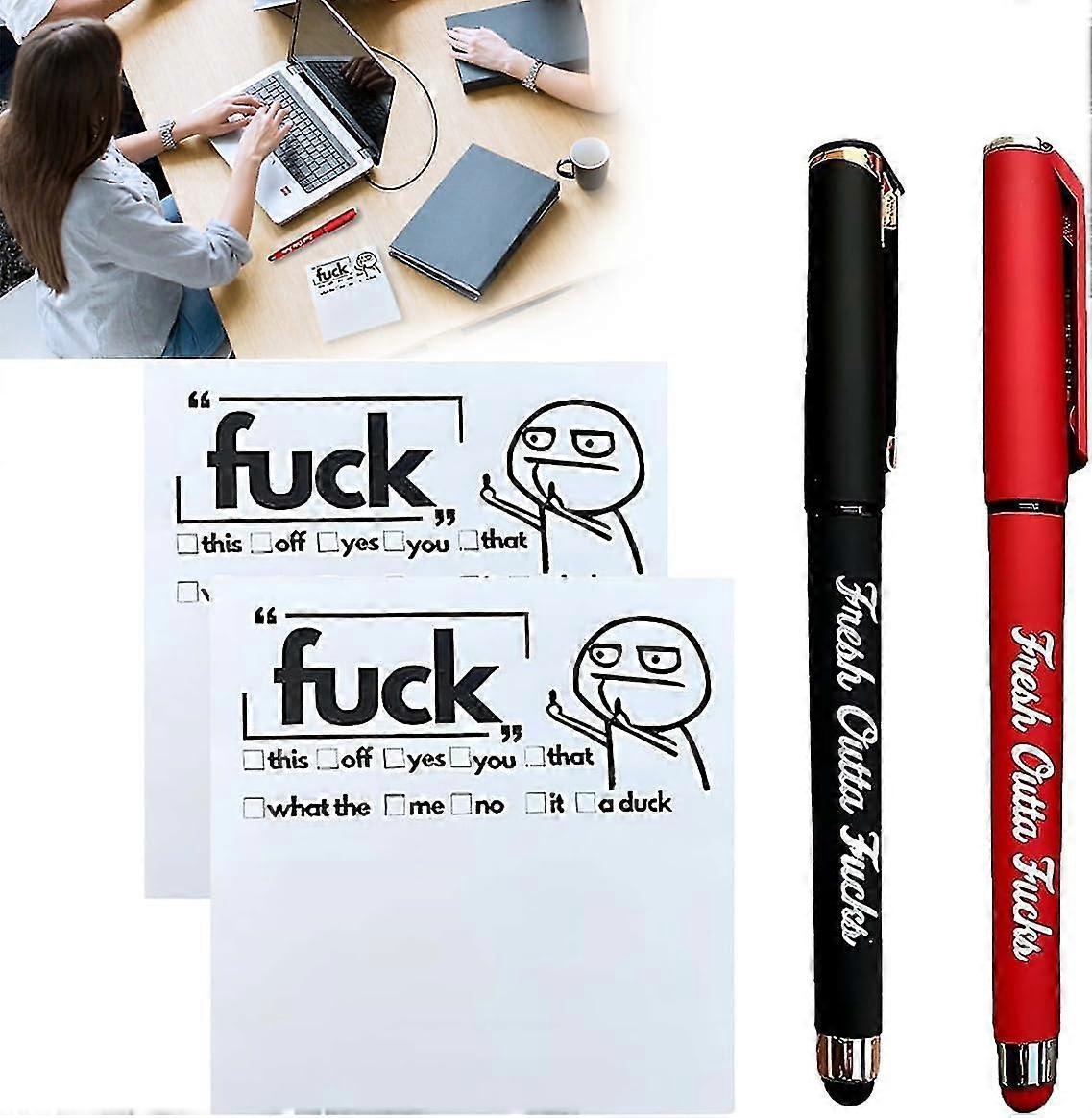 Fresh Outta Fucks Pad and Pen, Funny Sticky Notes and Pen Set, Snarky Novelty Office Supplies, Gifts for Friends, Co-Workerv,black