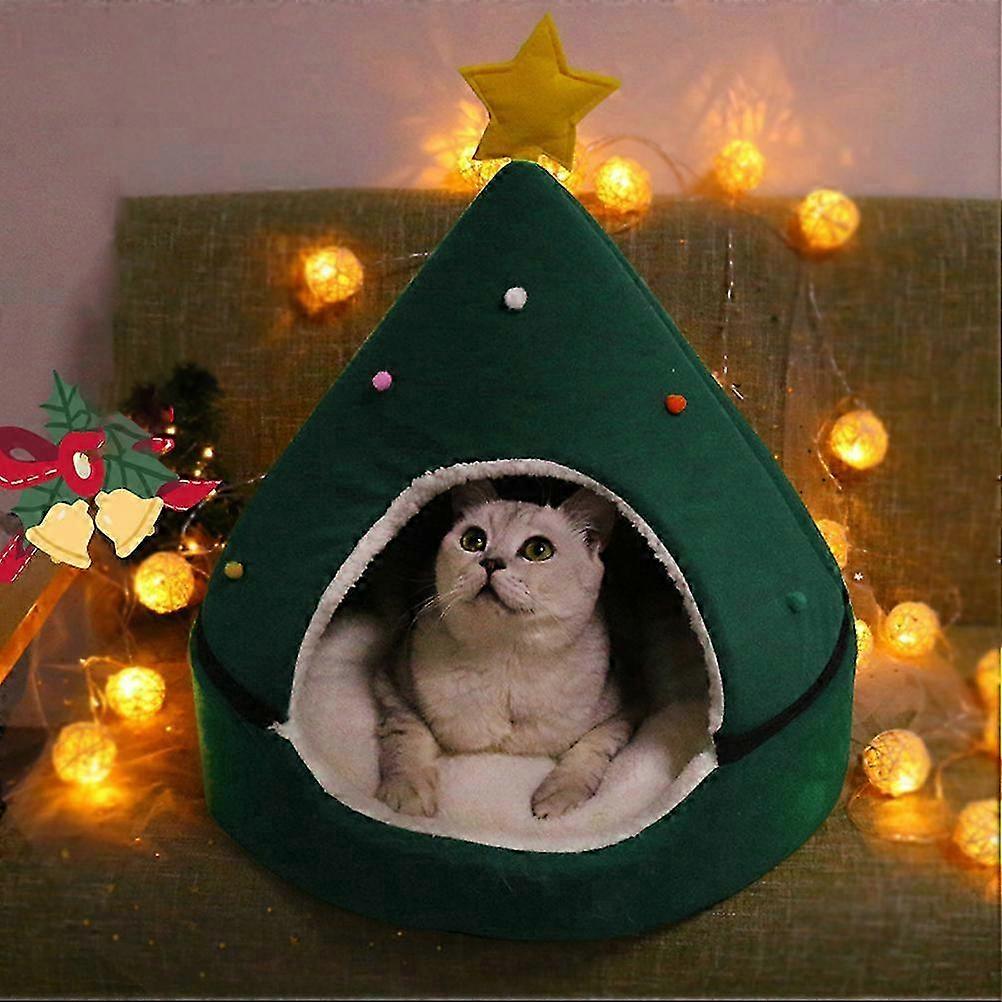 Cat Tent Bed Comfortable Triangle Pet House for Cats Christmas Tree Design