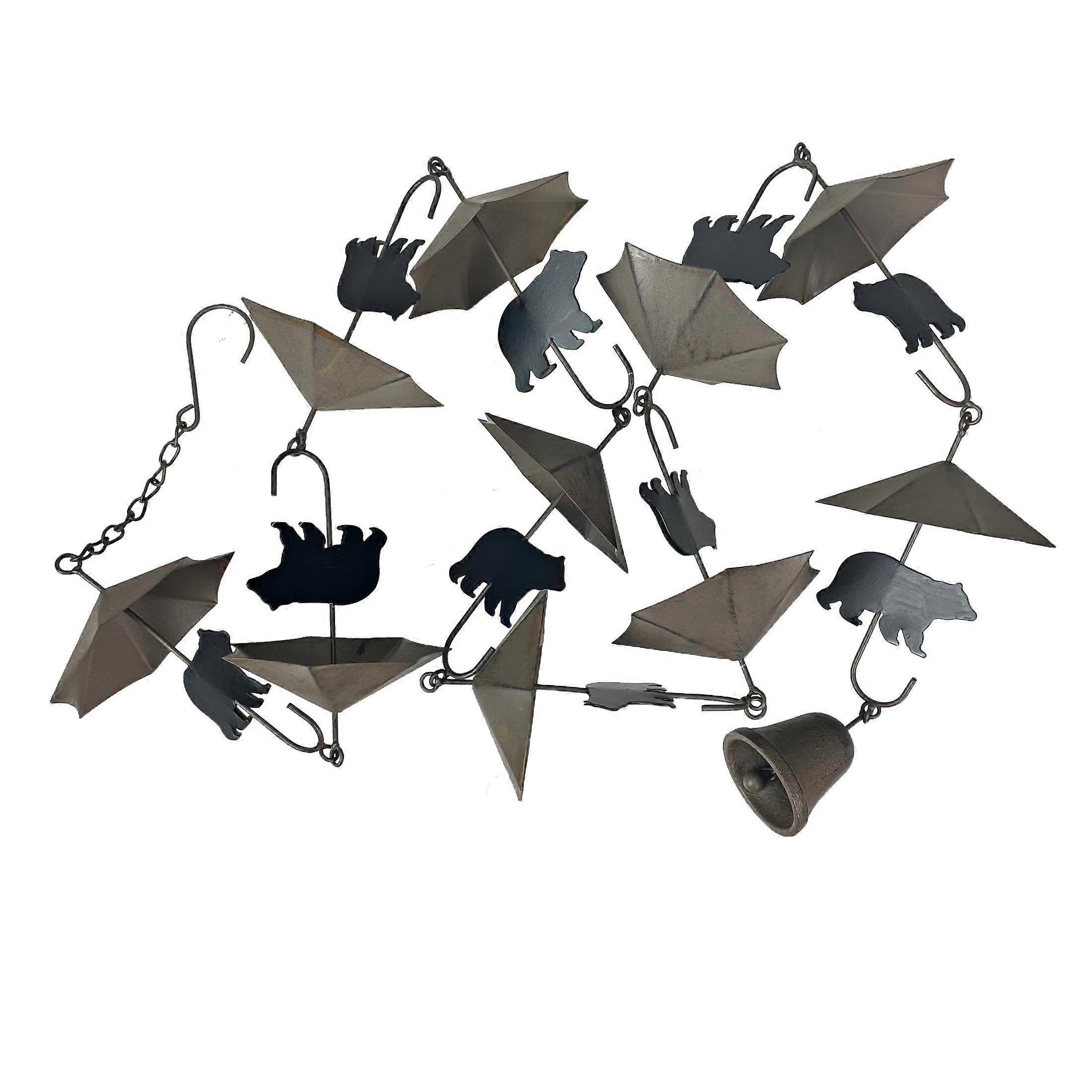 Rustic Black Bear & Umbrella Rain Chain - 75" Long Distressed Finish, 10 Decorative 3D Designs, Weighted Bell for Wind Chime Sound