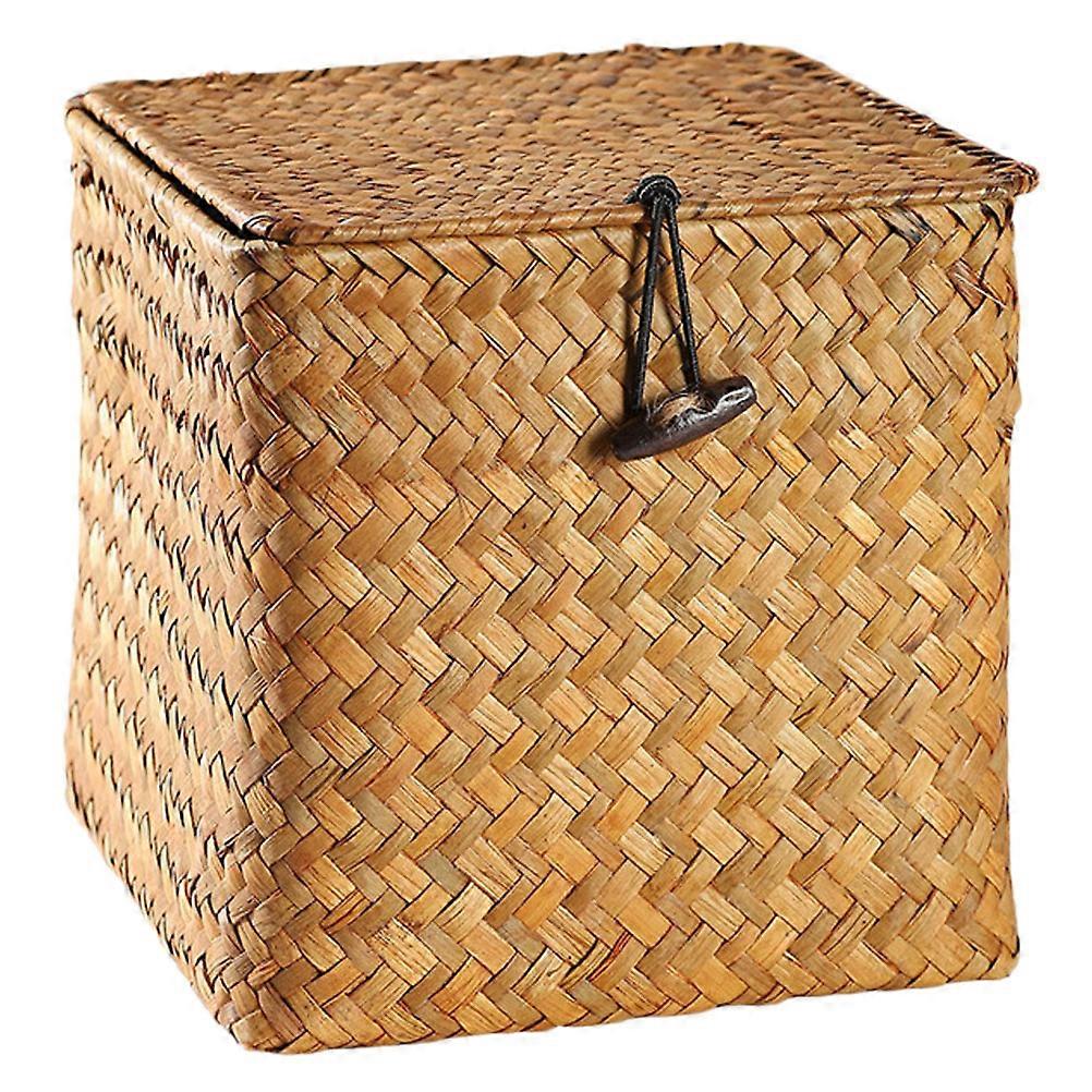 Straw Plaited Box Square Literary Tea Box Storage Holder With Cover for Home Store (Orange Medium Size)