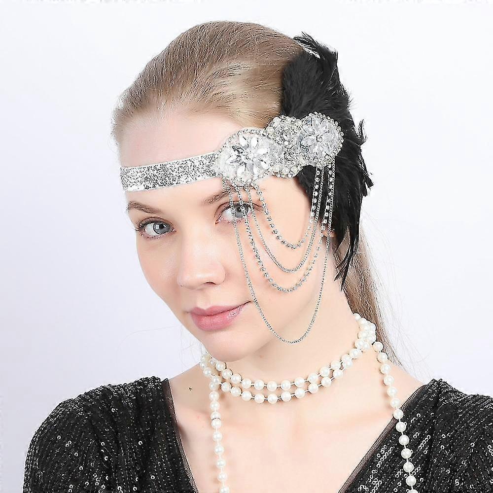 1920s Flapper Headband 20s Great Gatsby Headpiece Black Feather