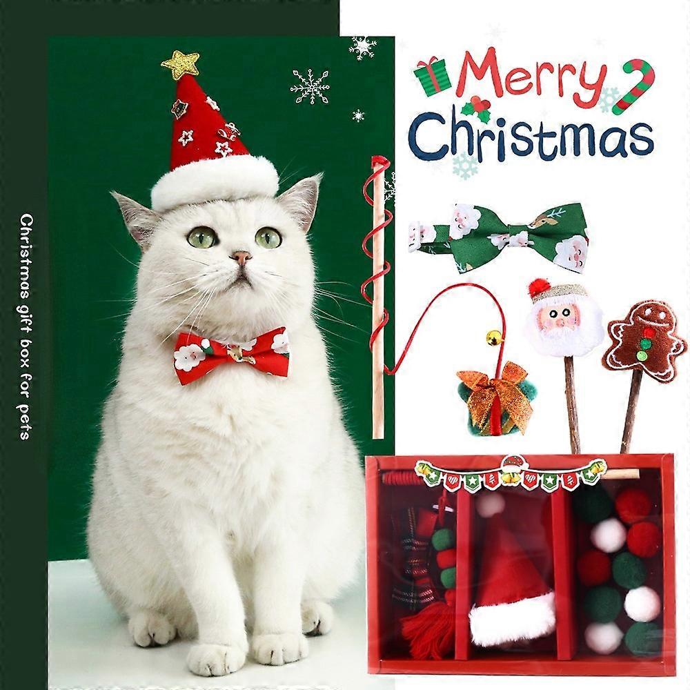 Pet Cats Papai Noel Árvore de Natal Chapéu Bow Ties Colarinhos Funny Cat Teaser Sticks Plush Teething Sounding Interactive Toy Set Box