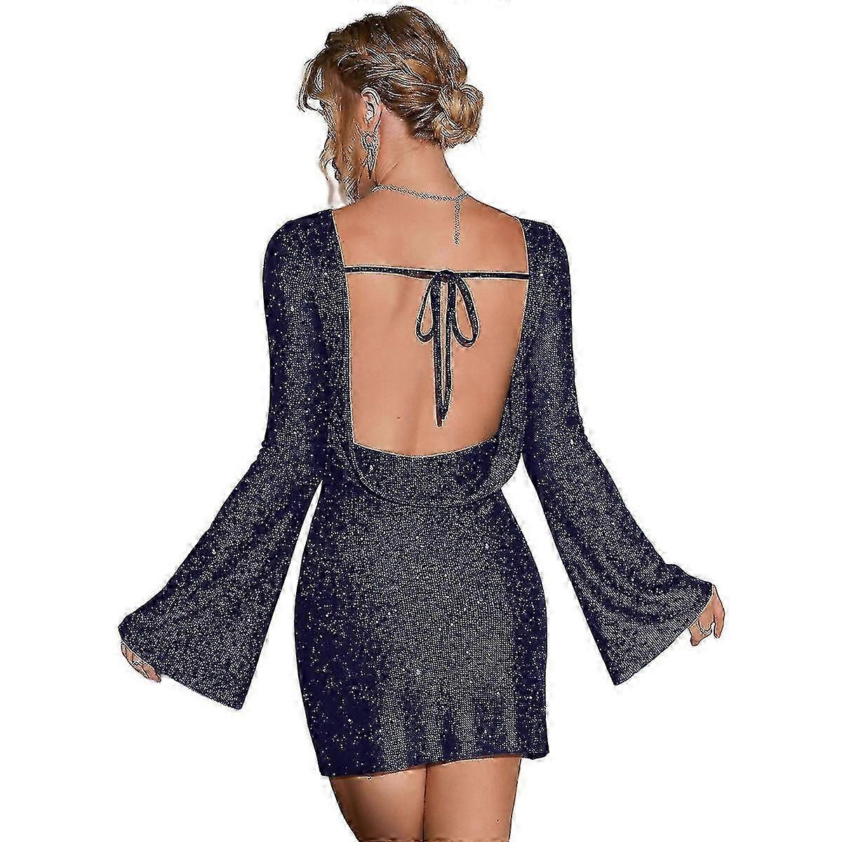 New Women's Backless Ruffle Sleeve Shiny Mesh Mini Dress